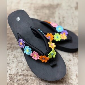 Floral Embellished Black Sandals